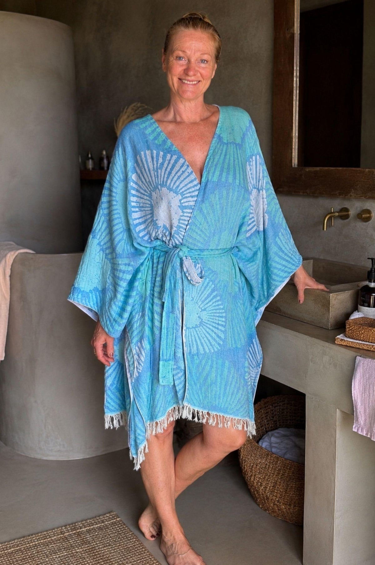kimono badjas sauna badjas groen blauw fairtrade