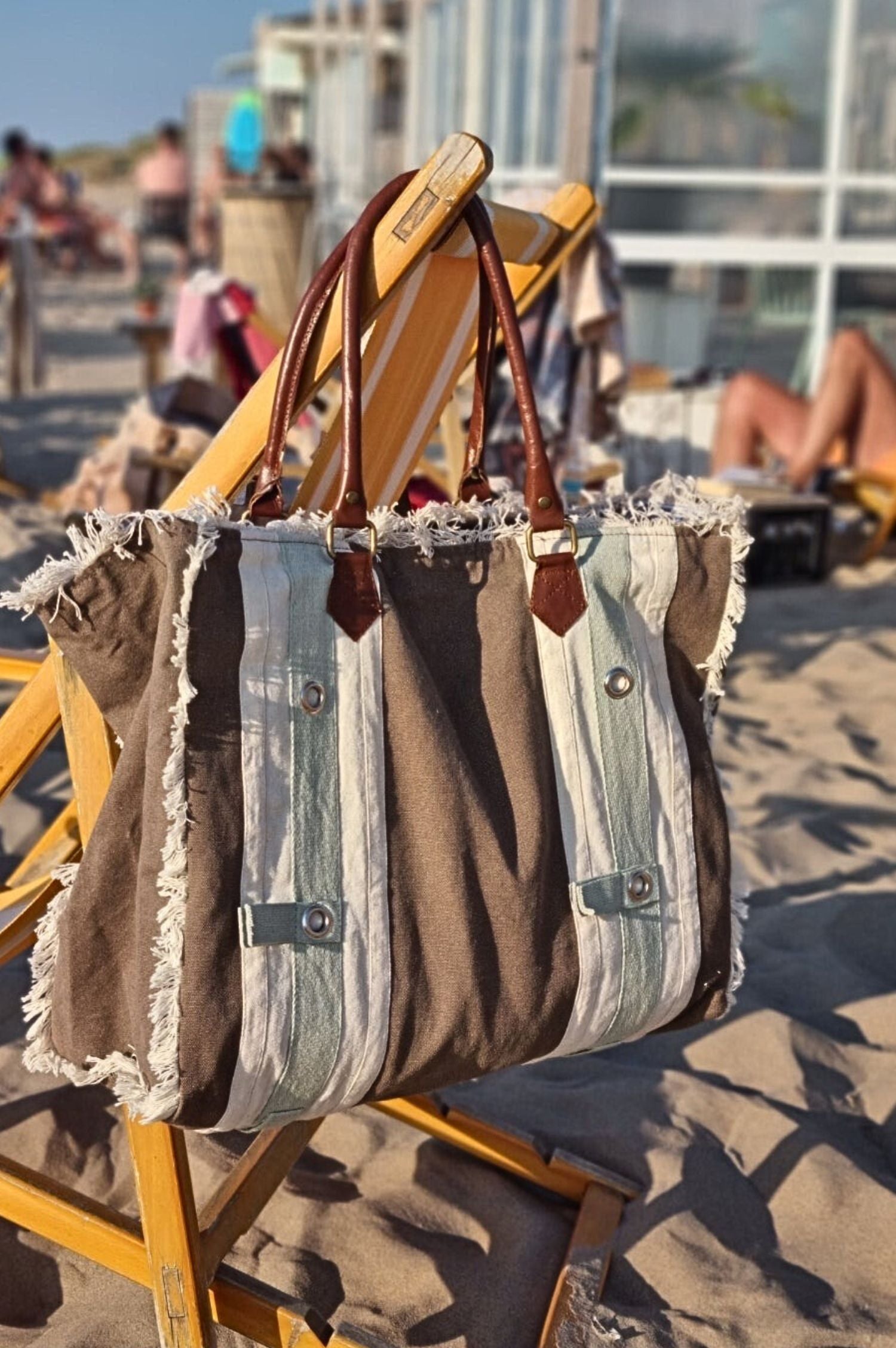 Canvas strandtas shopper weekendtas met rits groen ZusenZomer