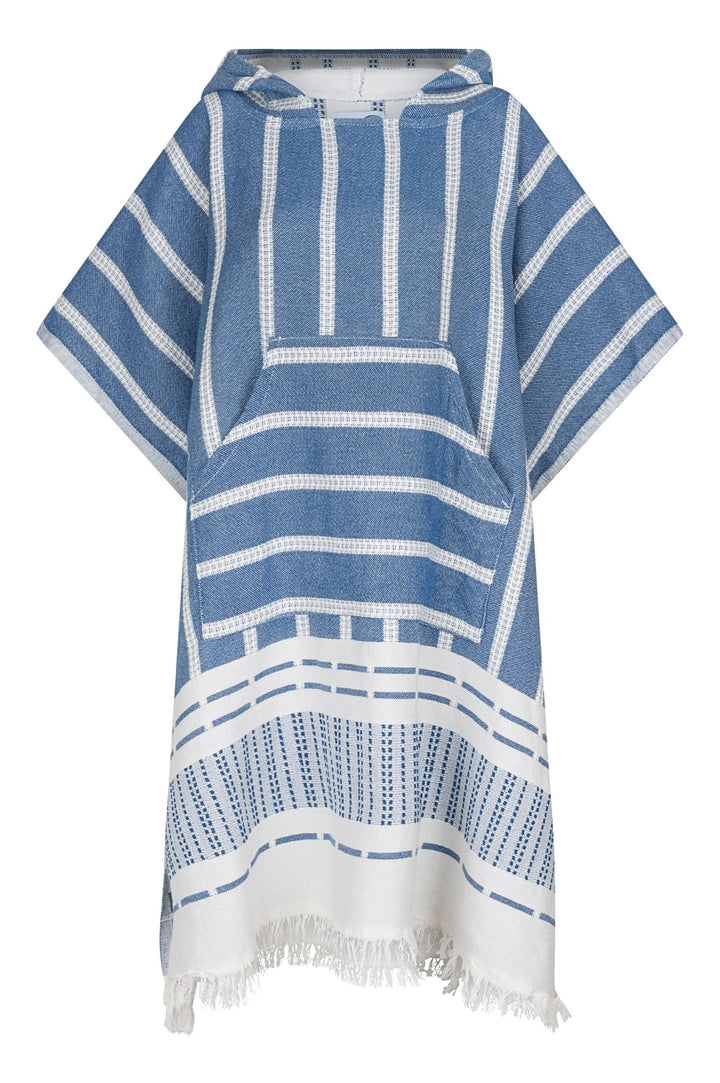 surfponcho capuchon blauw wit sauna