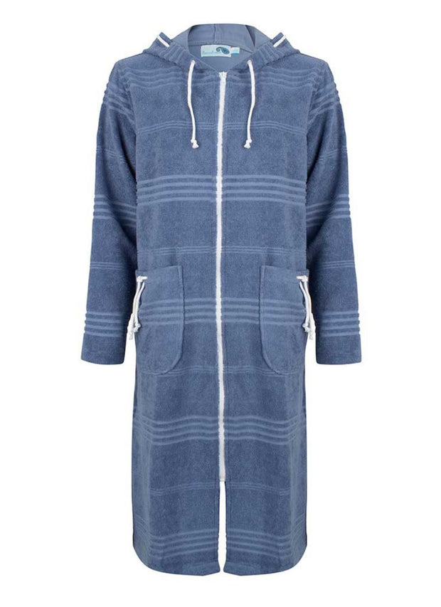 Stylish Ladies Bathrobe with Zipper for Sauna or Home - Terrycloth - Blue